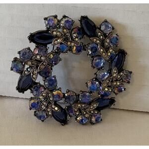 1950s Vtg Blue & White Rhinestone Brooch - 2 3/8" Wide
